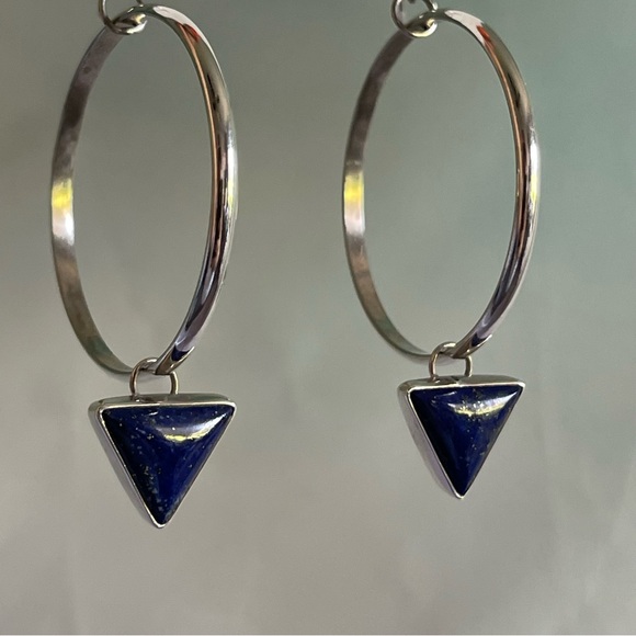 Silver Hoop Lapis Lazuli Drop Earrings - Picture 6 of 9